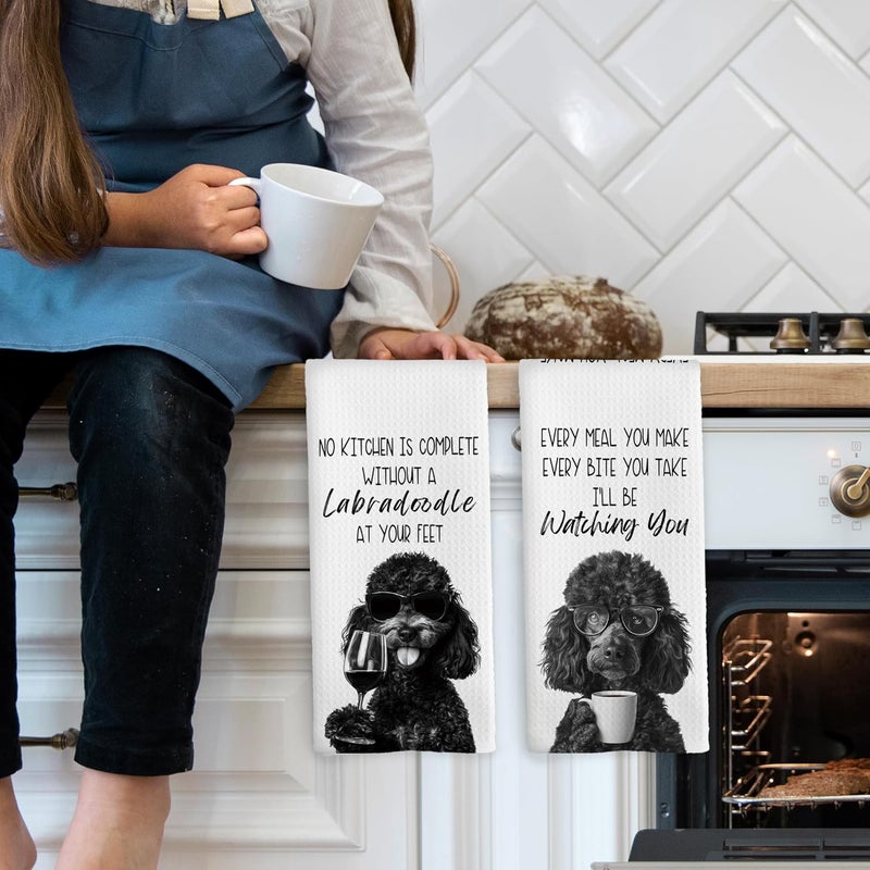 Mcehtle Funny Black Labradoodle Kitchen Towels Set of 2, Dog Kitchen Accessories, Coffee Station Decor, Dog Chef Gift Hand Towel, Dining Room Decorative Tea Towel Dish Towels 16x24 Inch - Image 3